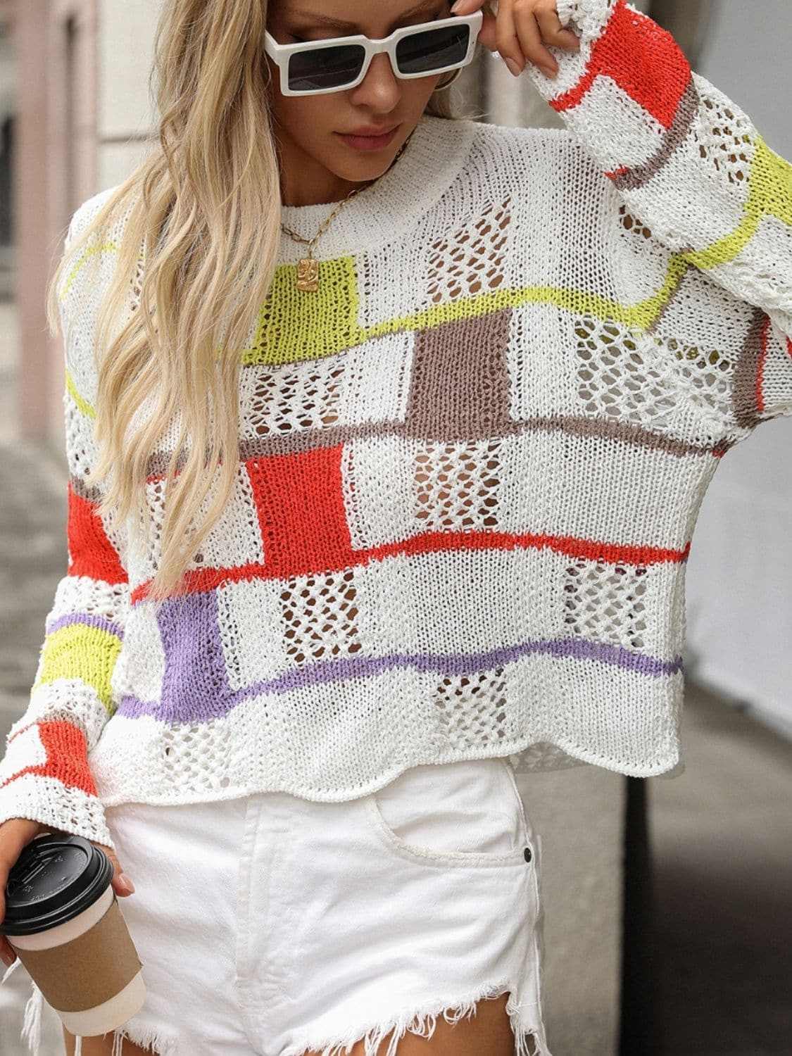 Colorful crochet round neck pullover - Love Salve